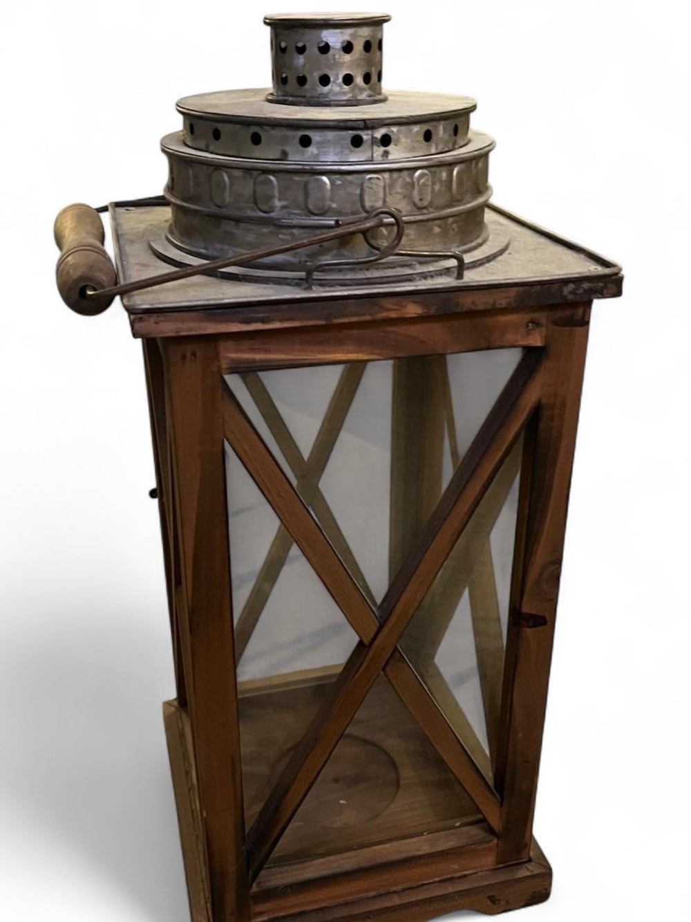 Rustic Brown Wood and Metal Lantern with X-Frame Glass Panels - Picture 3 of 3